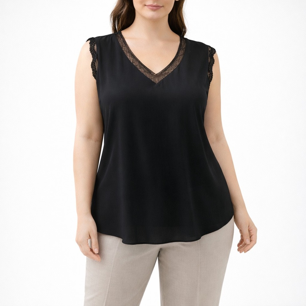 Daniel Rainn Anessa Lace Trim Sleeveless Blouse XL Black V-Neck Boho Office Top